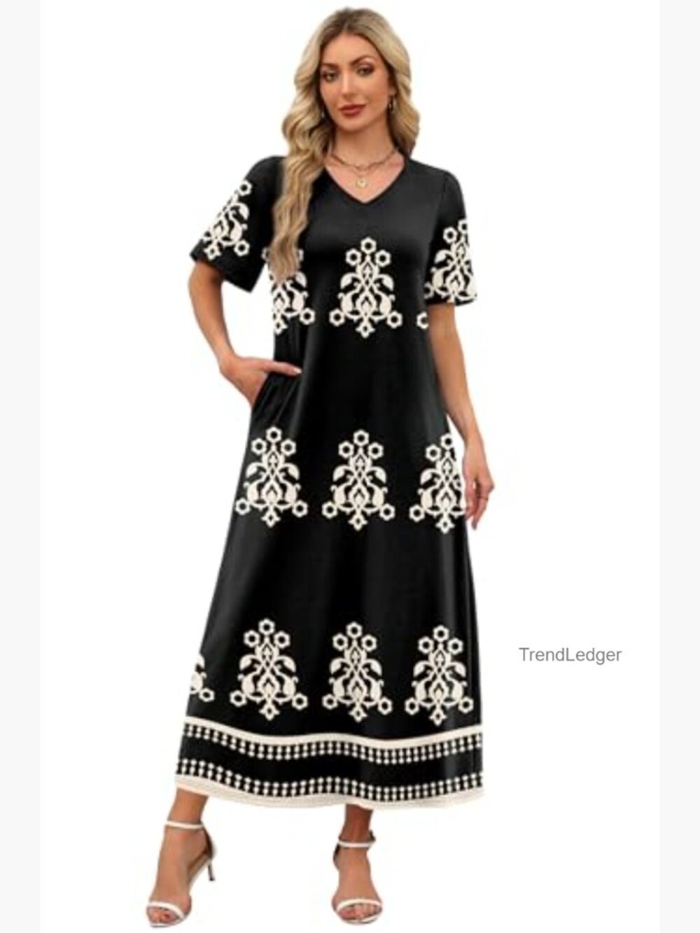 V-Neck Maxi Dress Short Sleeve Flowy Summer Vacation Beach Travel - Picture 3 of 5